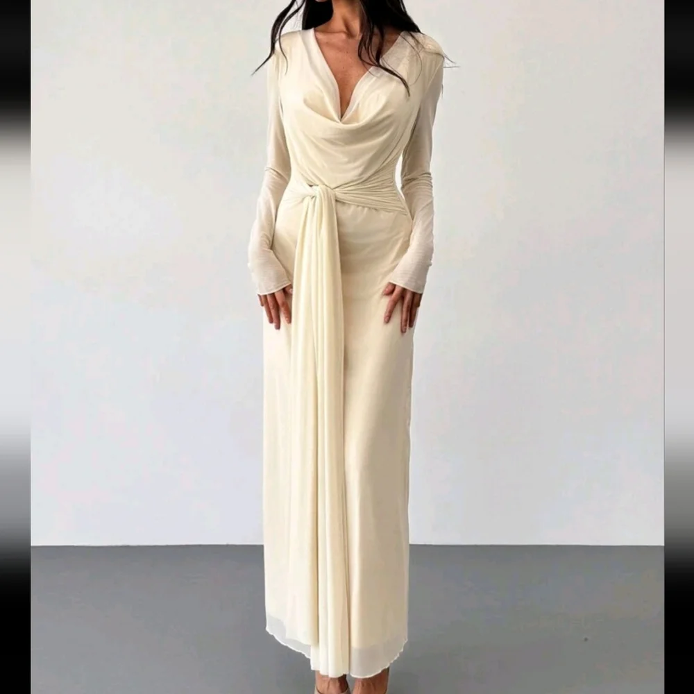 Long Sleeve Skin-Tight Mesh Apricot Color Dress - Picture 2 of 5